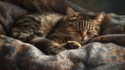 Cat portrait curled up on a soft blanket