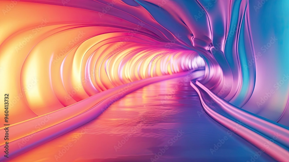 Poster Vibrant and abstract tunnel with colorful light patterns creating an immersive visual experience of movement and depth.