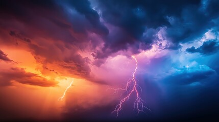 Dramatic storm clouds illuminated by lightning, showcasing a stunning blend of colors in the night sky.