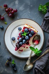 A slice of cheesecake with blueberry fruit in plate on table