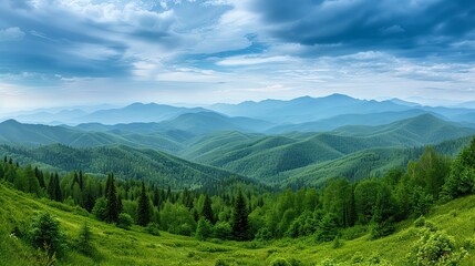 Obraz premium Breathtaking landscape showcasing lush green hills and distant mountains under a dramatic sky. Perfect for nature enthusiasts.