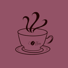 brown line illustration forming a picture of a cup of hot coffee without a background