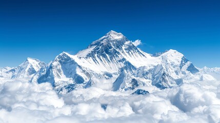 Obraz premium Breathtaking view of a snow-capped mountain peak above a sea of clouds under a clear blue sky. Perfect for nature enthusiasts.
