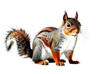 Obraz premium Squirrel, fur texture prominent, centered, high definition, isolated against a stark white background, tail draping gracefully, fluffed cheeks, eyes gleaming with curiosity, studio-shot