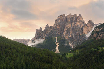 Fototapeta premium Mountain sunset view of Rosengarten group Catinaccio massif, Dolomites