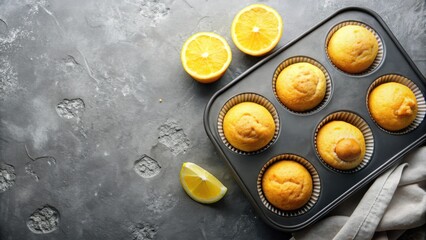 Homemade lemon muffins in black teflon baking dish over grey concrete background, copy space