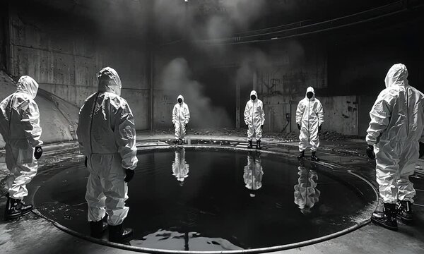 shot of men wearing radiation free hazmat suits in a nuclear reactor