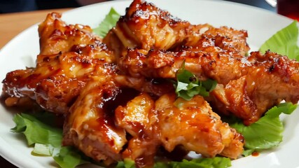 360 degree video of chicken wings coated in barbecue sauce, practical lighting, sports bar setting.