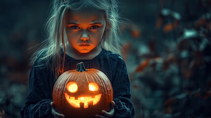 Naklejka premium girl kid with Sinister Expression Holding Glowing Pumpkin at Night