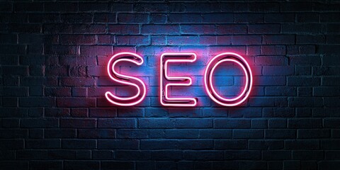 Illuminated neon sign displaying the word SEO against a dark brick wall, perfect for digital marketing and branding visuals.