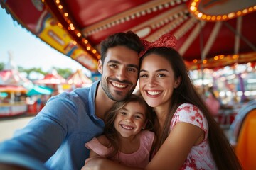 Naklejka premium Happy family of three enjoying a fun day at the amusement park, posing for a selfie with bright smiles and a colorful carousel background.