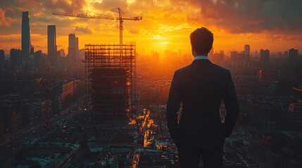 Collaboration for Progress - Businessman and Engineer Reviewing Construction Site with Cranes and Building in Background