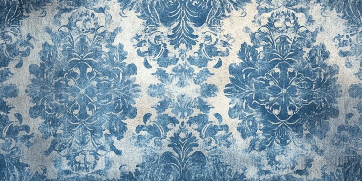 Detailed vintage blue floral pattern texture with ornate designs and a faded effect