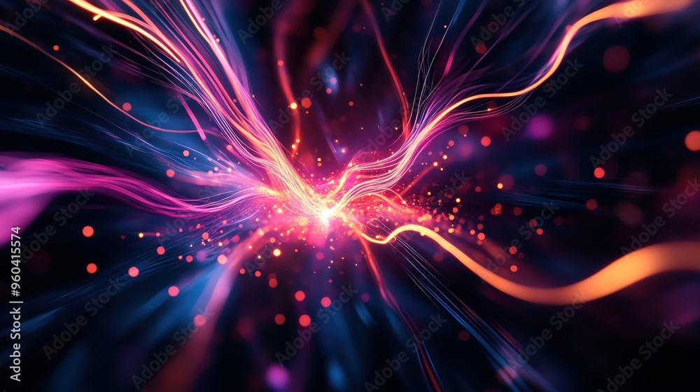 Poster dynamic abstract light trails and glowing particles create a mesmerizing visual effect in vibrant co