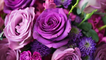 Fototapeta premium Enchanting Arrangement: Violet Roses and Other Exquisite Flowers in Stunning Close-Up Shot