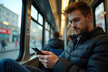 Young man using mobile phone while commuting by public transport