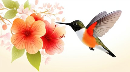 Naklejka premium Enchanting Vibrant Clip Art of Hummingbird Hovering Near Colorful Flower with Blurred Wings