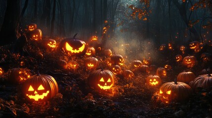 Naklejka premium glowing pumpkin heads in dark halloween magic forest, neural network generated art. Digitally generated image. Not based on any actual scene or pattern.