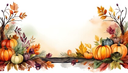 Autumn-themed horizontal border watercolor painting with a white background, an autumn color palette