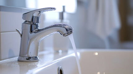 A close-up shot of a polished silver faucet in a contemporary white bathroom, water droplets delicately clinging to the spout, against a pristine white sink