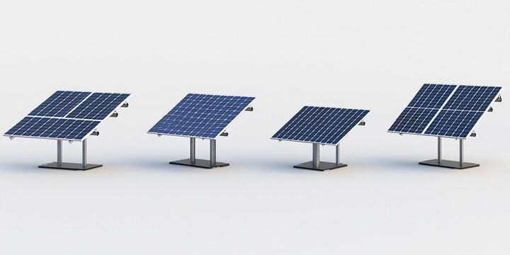 An array of solar panels on stands, each in different position