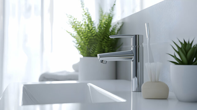 Elegant matte finish metal faucet in a bright white bathroom, the smooth surface highlighted by natural light, paired with sleek cabinetry and a simple sink