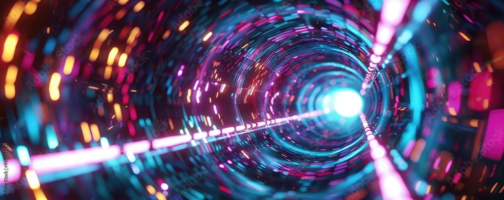 Poster A vibrant, futuristic tunnel of light, showcasing vivid colors and dynamic patterns, ideal for technology and sci-fi themes.