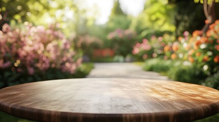 Fototapeta premium Close-Up 3D Rendering of Ceramic Table in Spring Garden Setting with Blurred Background
