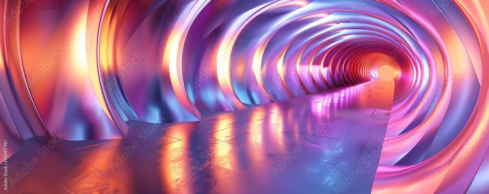 Poster Vibrant tunnel with swirling colors and reflections, creating a futuristic and dynamic atmosphere. Perfect for imaginative designs.