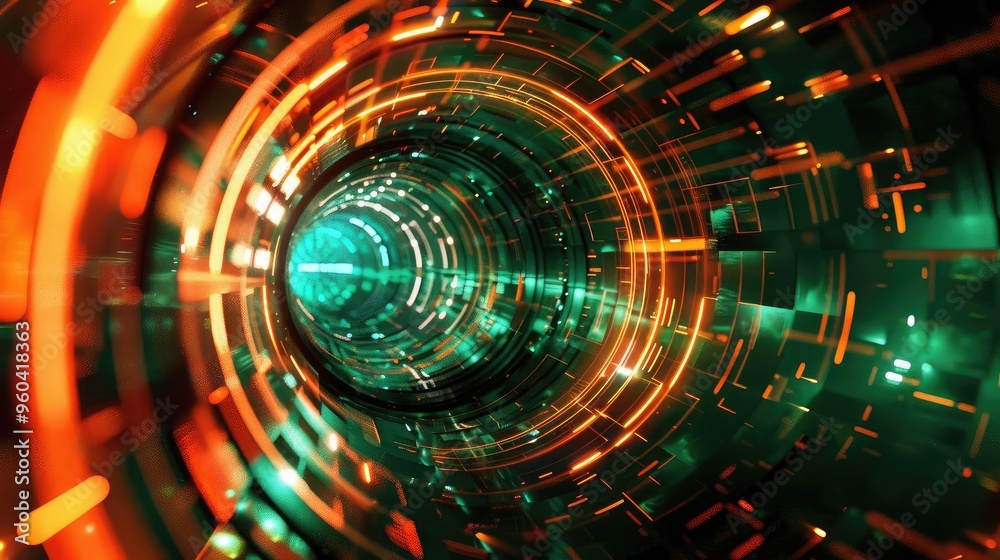 Poster a captivating digital tunnel filled with glowing lines and vibrant colors, perfect for abstract and 