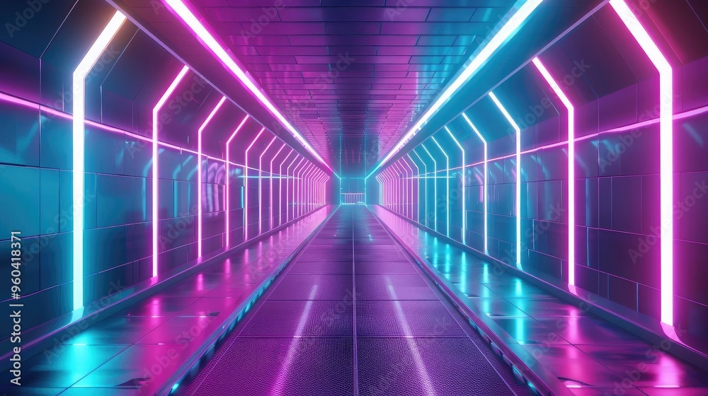 Poster a futuristic corridor illuminated with vibrant neon lights, creating an immersive and dynamic enviro