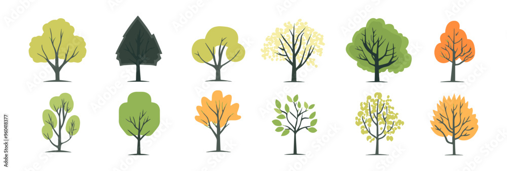 Wall mural tree and leaf collection hand drawn flat design element. botanical set of bare trees and ones with l