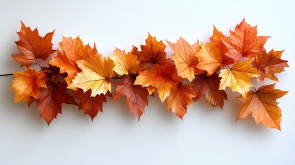 dried up maple leaf garland isolated on white background top view. Orange maple leaves garland for autumn fall season