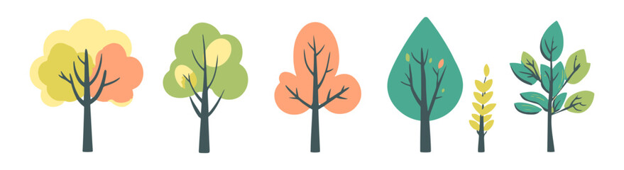 Tree and leaf collection hand drawn flat design element. botanical set of bare trees and ones with leaves and lush limited pastel color