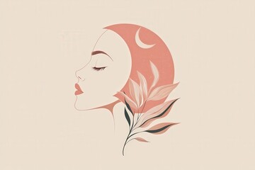 The artwork features a woman's side profile adorned with moon phases and botanical elements, conveying a sense of calm and harmony with nature