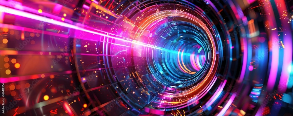 Poster futuristic tunnel with vibrant light beams and colorful patterns, perfect for technology and sci-fi 