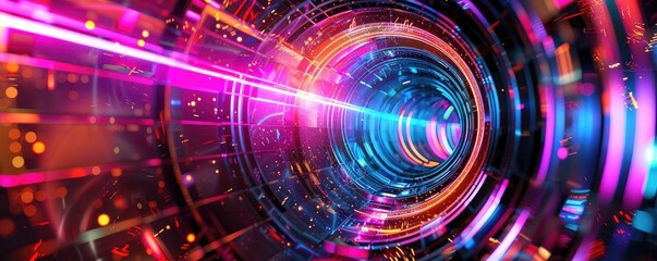 Obraz premium Futuristic tunnel with vibrant light beams and colorful patterns, perfect for technology and sci-fi themes.
