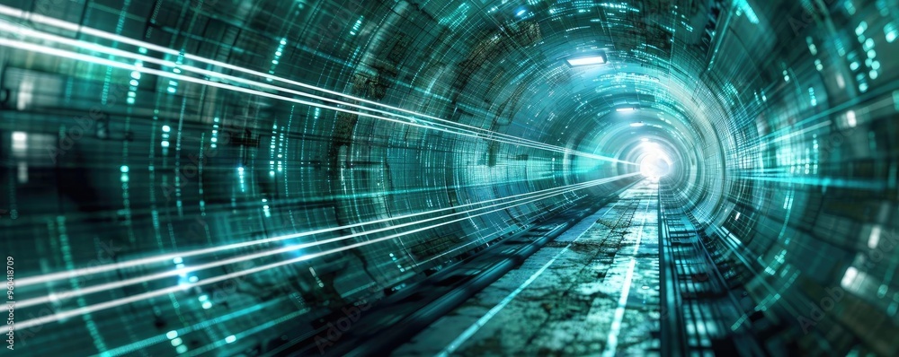 Poster An abstract tunnel with glowing lights and digital patterns, symbolizing technology and futuristic concepts.