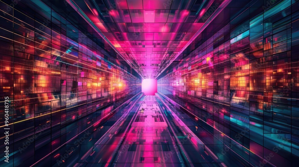 Aufkleber Futuristic tunnel with vibrant lights and dynamic patterns, creating a sense of depth and motion in a digital universe.