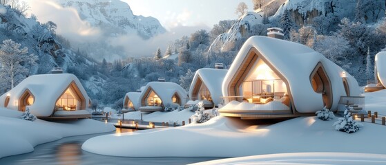 Tranquil ing of a Charming Mountain Village with Snow-Capped Peaks