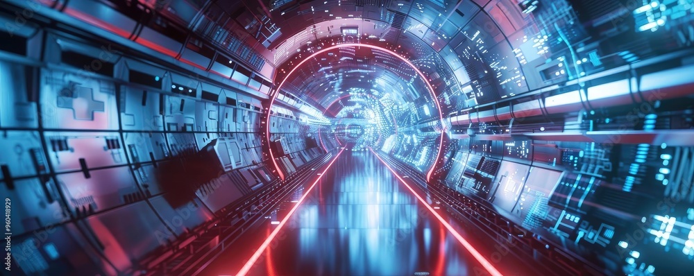 Poster futuristic tunnel with vibrant neon lights and glowing digital elements, creating a high-tech atmosp