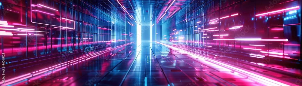 Poster futuristic tunnel with vibrant blue and pink lights, creating a dynamic and immersive digital atmosp