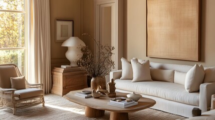 Warm and Inviting Beige Toned Living Room with Minimalist Decor and Serene Ambiance  The space features clean lines natural textures and a calming sophisticated atmosphere perfect for relaxation