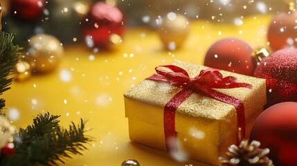 Christmas gift boxes collection, Christmas rope and Christmas balls, on a yellow background, banner for website