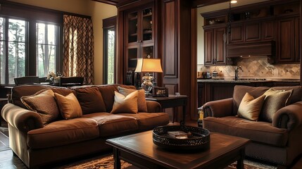 Obraz premium Cozy and Elegant Living Room with a Rich Chocolate Brown Color Scheme Featuring Matching Furniture and Decor for a Warm and Inviting Atmosphere