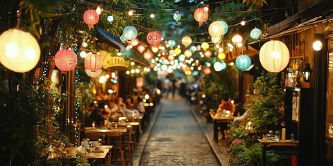 Cozy street lined with restaurants and lit by colorful paper lanterns.
