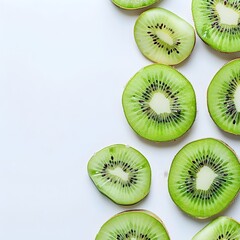 Fototapeta premium Vibrant Green Kiwi Fruit Slices Revealing Black Seeds on Clean White Background