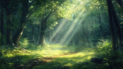 Fototapeta premium A peaceful forest clearing with sunlight streaming through the canopy, illuminating the forest floor.