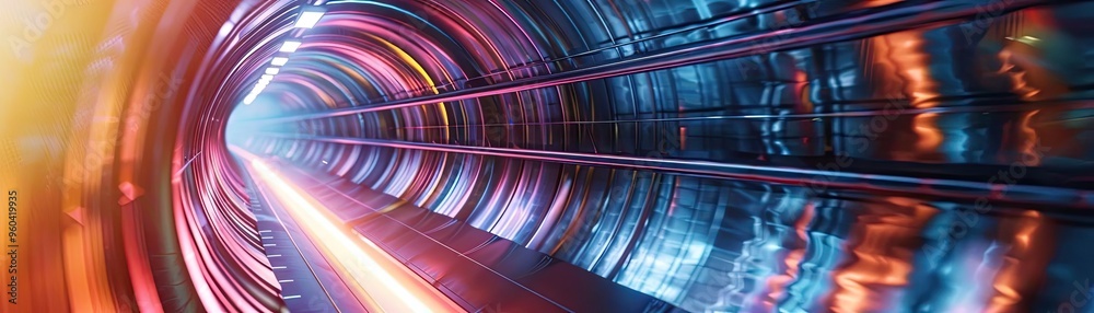 Poster vibrant tunnel with illuminated lines and glowing lights, representing speed, technology, and futuri