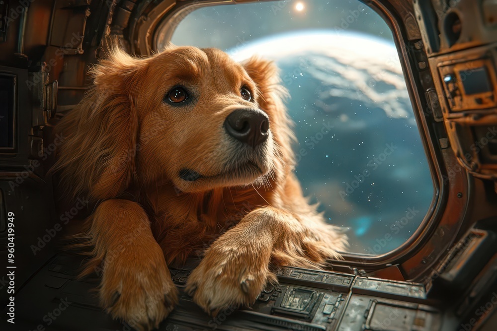 Wall mural cosmic canine gazes at earth from a futuristic spacecraft window combining whimsy and wonder in a su